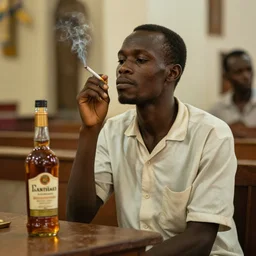 burna boy, at church, rolling a cigarette, with a bottle of liquor next to him