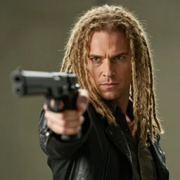 stock image movie still of a man with shoulder length blonde dreadlocks, pointing a gun directly at the camera, canon eos 8 k