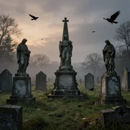 memorial statues in an old abandoned gothic cemetery at dusk, overgrown grass, dramatic, ravens, gloomy, volumetric light, ground mist, featured on art station