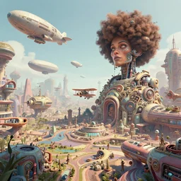 cinematic still of hyper detailed greeble hard surface modelled 3 d, afro futurist, spaceport, biplanes flying, airships, surrealist vechicles, deep perspective, wide angle, insanely detailed and intricate, a cyborg looks over it all, pastel color palette, bill sienkiewicz