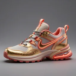realistic 3 d render of a minimalist futuristic sneaker, beautiful studio lighting, soft, sharp focus, neon cyberpunk highlights, intricate detail, gold and red metal, soft rubber, textured plastic, octane render, side view, close up, trending on artstation, deviantart, nike, adidas, converse, reebok, salomon