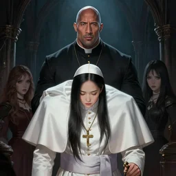 dwayne johnson as the pope, gothic scene, dramatic light, lee ji - eun, illustration, atmosphere, focused, artstation, highly detailed, art by yuhong ding and chengwei pan and serafleur and ina wong