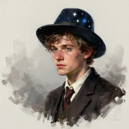 ( thirtytsix years old!!!, quirky!, melancholic ) [ [ [ lee evans ] ] ] as [ [ [ tristan thorn ] ] ] ( with a hat ) in stardust ( 2 0 0 7 ), digital painting by leonardo da vinci, van dyck, caravaggio and rembrandt, overcast lighting, high contrast, strong shadows, inspired by robert capa