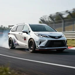Toyota Sienna with racing tires and racing livery, widebody kit, drifting through nurburgring, cinematic photography