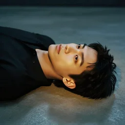 an up close photo of a man laying on a smooth concrete floor at night