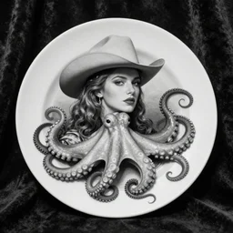 fancy cowboy embracing an octopus in front of a velvet curtain, vintage photograph monochrome plate