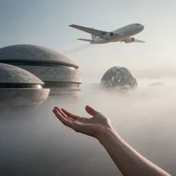 arm reaching out of thick fog, round buildings in background, smooth architecture, organic, sophisticated, organic aircraft flying in sky, zdzislaw beksinski, architecture of frank lloyd wright, zaha hadid, norman foster