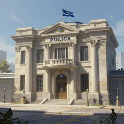 Neoclassical Police station, sci-fi, highly detailed, digital painting, artstation, concept art, smooth, sharp focus, illustration, art by artgerm and greg rutkowski and alphonse mucha