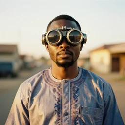 an analogue portrait photo of a igbo man - in native traditional clothes - wearing futuristic mecha steam punk goggles, Golden hour light, 35mm, f/1.4,