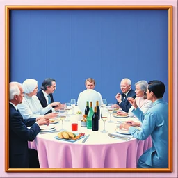 the banquet by magritte by shusei nagaoka kaws, david rudnick, airbrush on canvas, pastell colors, cell shaded