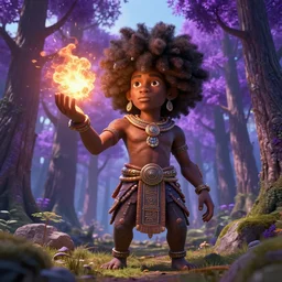 hyper realistic 3 d render of afro future sci - fi ancient black god on the middle of a forest with a lot of purple trees holding a portal that's about to explode, sunny day, high detailed face
