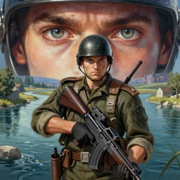Hearts of Iron IV. A soldier in front of a river. Digital art by Paradox Interactive, vibrant color scheme, highly detailed, fine Art, high detail, great lighting, 8k resolution, masterpiece, concept art, illustration, clear eyes, painting oil on canvas, octane render, HDR, trending on artstation, 4k, 8k, HD