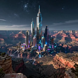 the Grand Canyon filled with futuristic cyberpunk skyscrapers at night with a starry sky, fantasy, hyperrealism, octane render, photorealistic concept art, highly detailed