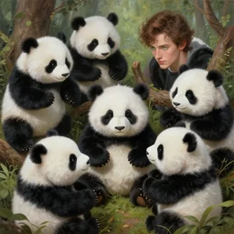 a magical land where stuffed pandas attack young caucasian men with brown hair and green eyes, hyperrealism, highly detailed, intricate, trending on artstation, painting by ross tran, greg rutkowski, alphonse mucha, artgerm, wlop