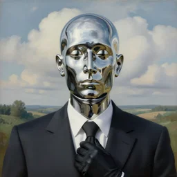 portrait of a faceless detailed reflective chrome - head man in a suit and black gloves, clouds and nature landscape in the background, by rene magritte, very highly detailed painting, distance, centered, hd, hq, high resolution, high detail, beautiful, 4 k, 8 k