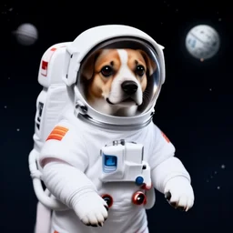 a dog in space wearing an astronaut suit
