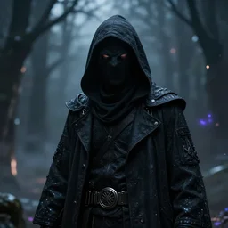 mysterious assassin, wearing black face musk, by wlop and greg rutkowski, magical atmosphere, octane render, trending on artstation, cinematic, hyper realism