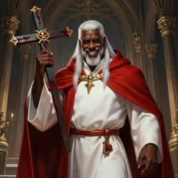 a highly detailed illustration of idris elba as a sadistic sharp white haired priest wearing red and white robe, dramatic smiling wielding bloody cross pose, gothic church background, intricate, elegant, highly detailed, centered, digital painting, artstation, concept art, smooth, sharp focus, league of legends concept art, wlop