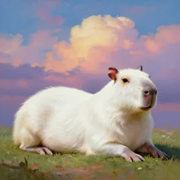 white capybara relaxing, surreal photography, retro dramatic light, impressionist painting, colorful clouds, digital painting, artstation, kilian eng, john harris, bastien lecouffe - deharme, simon stalenhag, flower face