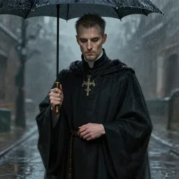 portrait photo of an exorcist on a rainy day in real life, elegant, highly detailed, digital painting, artstation, concept art, cinematic lighting, illustration, art by artgerm and greg rutkowski and alphonse mucha