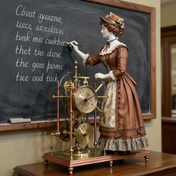 full - color photo of a victorian female wind - up clockwork automaton, made of copper and porcelain and fabric, which is a schoolteacher that writes poems on a chalkboard. it is on display in a history - museum with studio - lighting, and is coin - operated. it has a beautiful face, and it is made of complex intricate mechanisms.