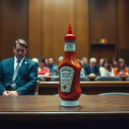 a bottle of ketchup sitting at a desk testifying in courtroom | a crowd of people sit behind it