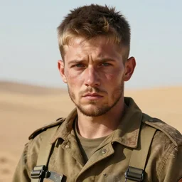 portrait of muscular, tired and alcoholic 3 5 - year - old handsome man with short darkblonde hair, serious sad look in his eyes, dirty beard, blue eyes, wearing dirty soldier uniform, on the desert, hyper realistic face, beautiful eyes, character art, art by mark brooks, hyperdetailed, cryengine, trending on artstation, digital art