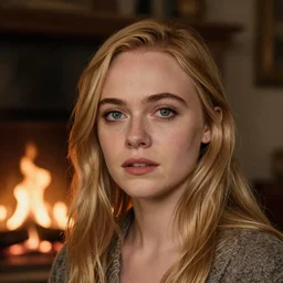 Elle Fanning by the fire, head and shoulders portrait, extremely detailed masterpiece, chiaroscuro,