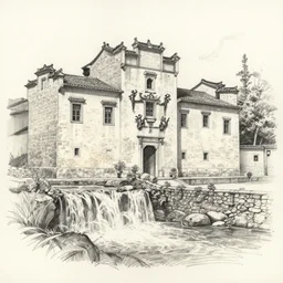a pencil sketch of a historic building with a waterfall nearby