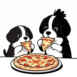 happy dogs eating pizza, graphic novel, high contrast, by bill sienkiewicz