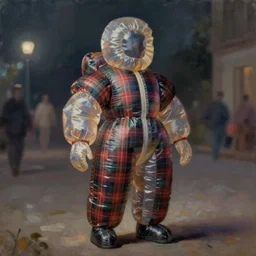 a night scene with a character wearing a voluminous inflatable suit made from tartan mix and ionized metal and plastic, blurred, muted colors, oil painting hyper real, neoclassical, super detailed, hazy, full body, soft light