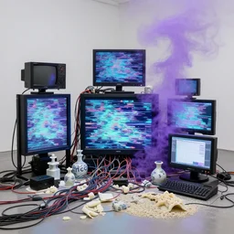 artwork by pierre huyghe with wax, porcelain, cables and monitors, purple smoke, ultra realistic, depth, beautiful lighting, glitch, sigma, 8 k, 3 5 mm, f / 3 2