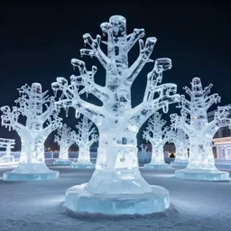 ice sculpture tree forest at night, cold ambient light, artwork by gerald brom, 4 k, masterpiece