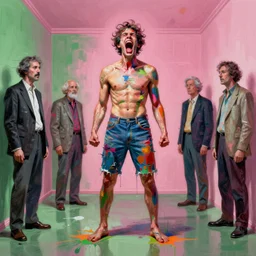 sphinx and full figure standing screaming man painted, in a pink and green room, flash photography, volumetric lighting, realistic, high quality, by and james jean and luc tuymans and vincent lefevre and hernan bas and pat steir and hilma af klint, digital paint, glitch, psychological, dripping paint, generative art, 8 k high quality render, altermodern, masterpiece