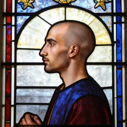 side - view portrait of a 5 0 year old arab man, bald, shaven, 1 0 th century stained glass window, very masterful