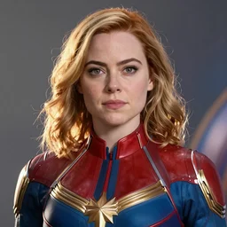 A still of Emma Stone as Captain Marvel on Avengers Endgame, award winning photo, unreal engine, highly detailed features