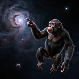 A chimpanzee floating through outer-space, reaching out and touching a nebula with its finger, digital art, 8k