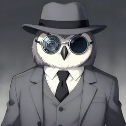 an anthropomorphic owl wearing mechanical sunglasses, grey suit long hat, by kawacy, trending on pixiv, anime, furry art, trending on furaffinity, mafia member