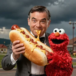 mr bean as a hot dog being eaten by cookie monster, realistic, by artgem