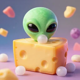A realistic detailed photo of an alien made of cheese and bubblegum, colorful, vibrant, 8k,