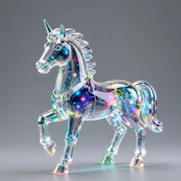 glowing holographic futuristic plastic sculpture of celestial steed, transparent celestial light gels, vibrant acrylic glass crinkled correction gel, colored film face by okuda san miguel, glowing stars, glinting, glittering, cyan, white, ultra realistic, photorealistic, 3 d render, unreal engine, octane render, sharp, studio