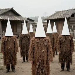 realistic documentary photo of a group of people covered in brown dry trees costumes with white cone heads in a wooden village 1 9 9 0, life magazine reportage photo, neutral colors, neutral lighting