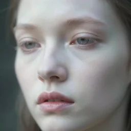 out of focus photorealistic closeup of mouth and eyes, pale woman by saul leiter, very blurry, translucent white skin, foggy