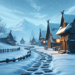 a wholesome animation key shot of a lovely ancient viking village in the snow by studio ghibli, animation, sharp, rendered in unreal engine 5, focused, anime key art by greg hildebrant, bloom, dramatic lighting