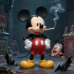 micky mouse stands over the body of goofy smoking a cigarette and holding a bat, sin city, frank miller, concept art, high detail, professional lighting