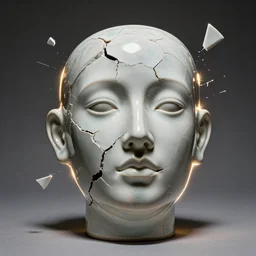 beautiful human face, glazed ceramic sculpture, fractured, cracking, shattering, exploding, studio lighting, rim light, dramatic, pierces your soul, fine art photography