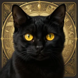 black cat with deep big yellow eyes, deep focus, d & d, fantasy, intricate, elegant, highly detailed, digital painting, artstation, concept art, matte, sharp focus, illustration, hearthstone, art by artgerm and greg rutkowski and alphonse mucha