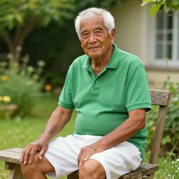 mid white hair old man tanned skin with green shirt and white short, sitting in ile de re house garden