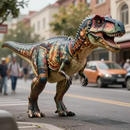 an insanely realistic high - quality photo by saul leiter of an insanely realistic dinosaur in the street, insanely detailed, insanely intricate, real, ultrafine details, insanely beautiful, ultra detailed, insanely precise, 3 2 k uhd, photography, 4 k ultra hd, 8 k uhd, macro