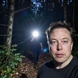 bad quality screenshot of a leaked video of elon musk following me through a forest trail, night time, bright camera flash, camera shaking, realistic, ultrarealistic, 4 8 0 p, scary